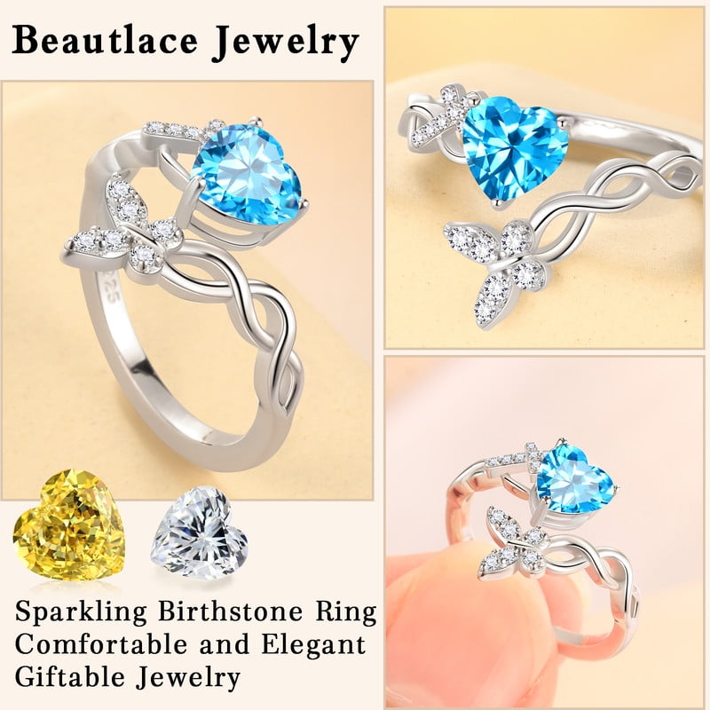 Heart Halo Ring,Butterfly 925 Sterling Adjustable Open Band Rings Valentines Jewelry Gifts for Women Mom-March