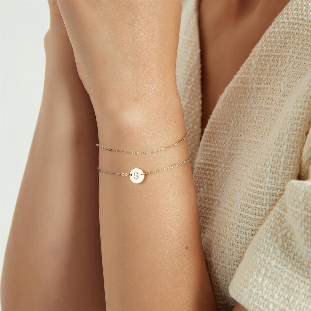 14K Plated Layered Initial Bracelets for Women Girls Dainty Adjustable Disc Charm Chain Personalized Letter A-Z Jewelry Easter Gifts for Women Girls