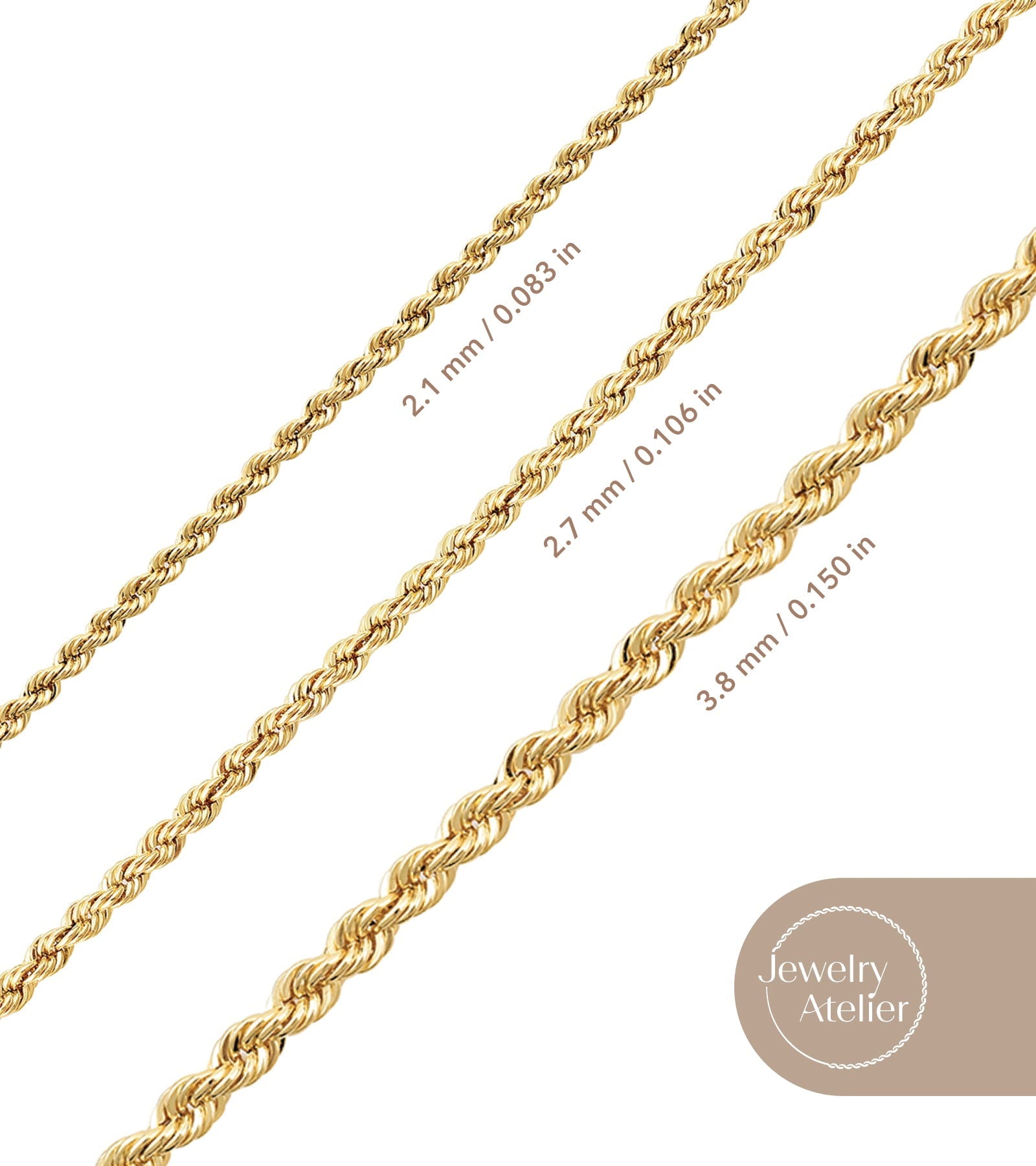 Chain Necklace Collection - 14K Solid Yellow Filled Rope Chain Necklaces for Women and Men with Different Sizes (2.1mm, 2.7mm, or 3.8mm)