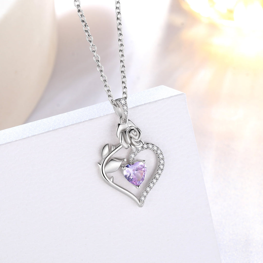 925 Sterling Necklace Rose Flower Heart Pendant Jewelry Valentines Gifts for Women Mom Wife/Lover