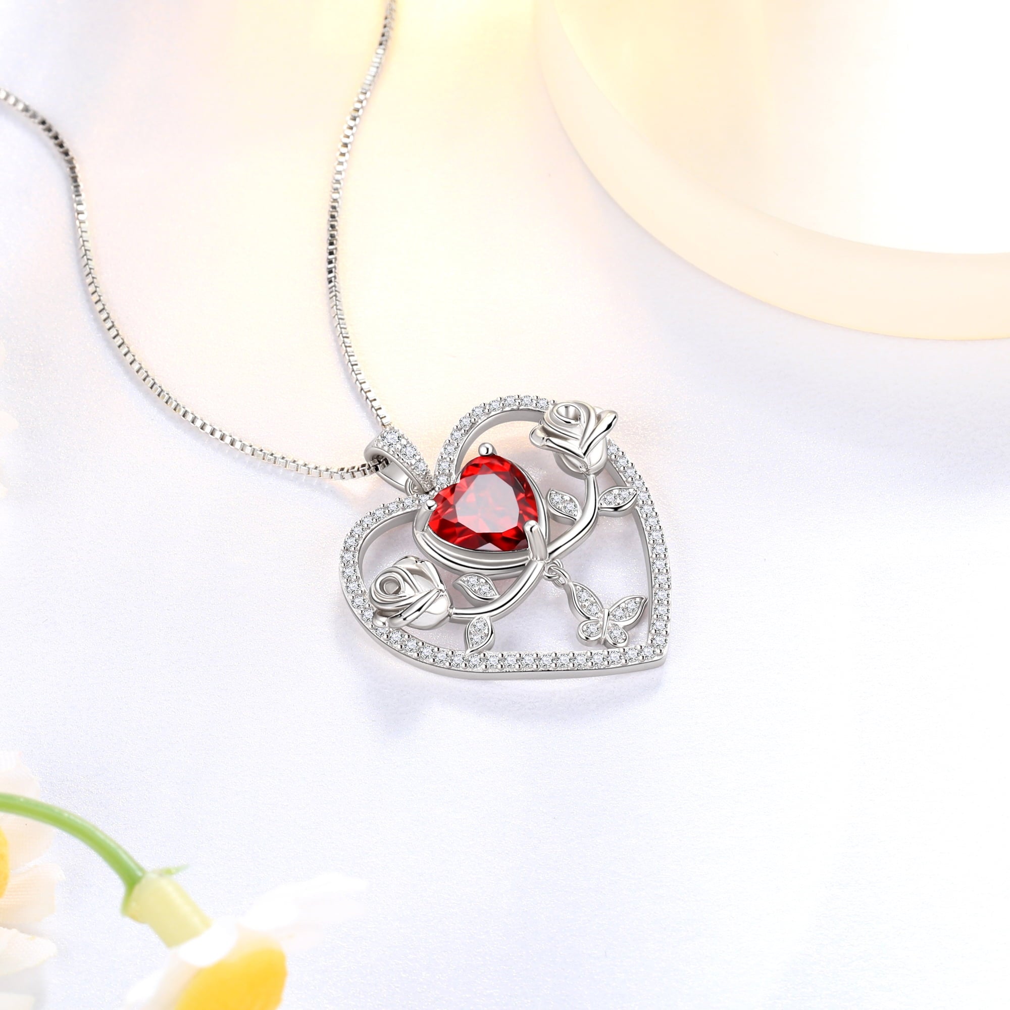 925 Sterling Necklace Rose Flower Heart Pendant Jewelry Valentines Gifts for Women Mom Wife/Lover