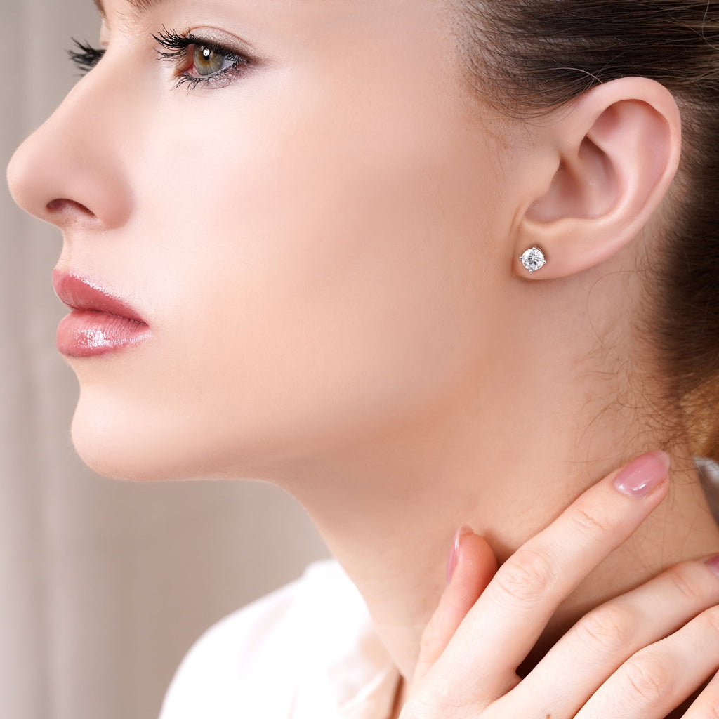 4 Prong 2 Round Shaped Solitaire Stud Earrings in 18k White Plating for Women