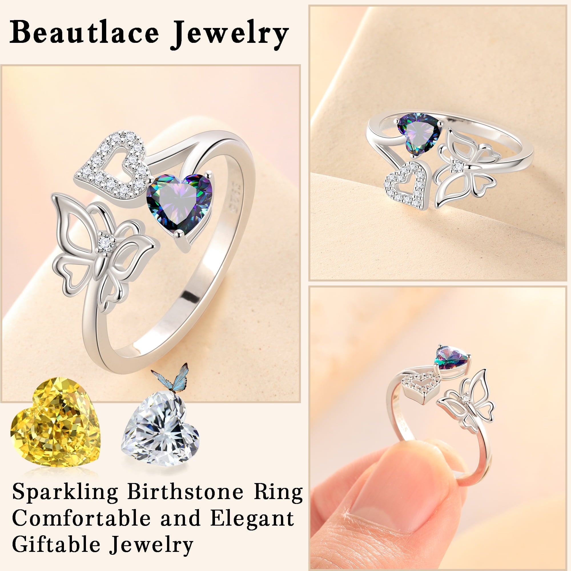 Rose Heart Ring,925 Sterling Adjustable Open Heart Rings Jewelry Gifts for Women Mom -December