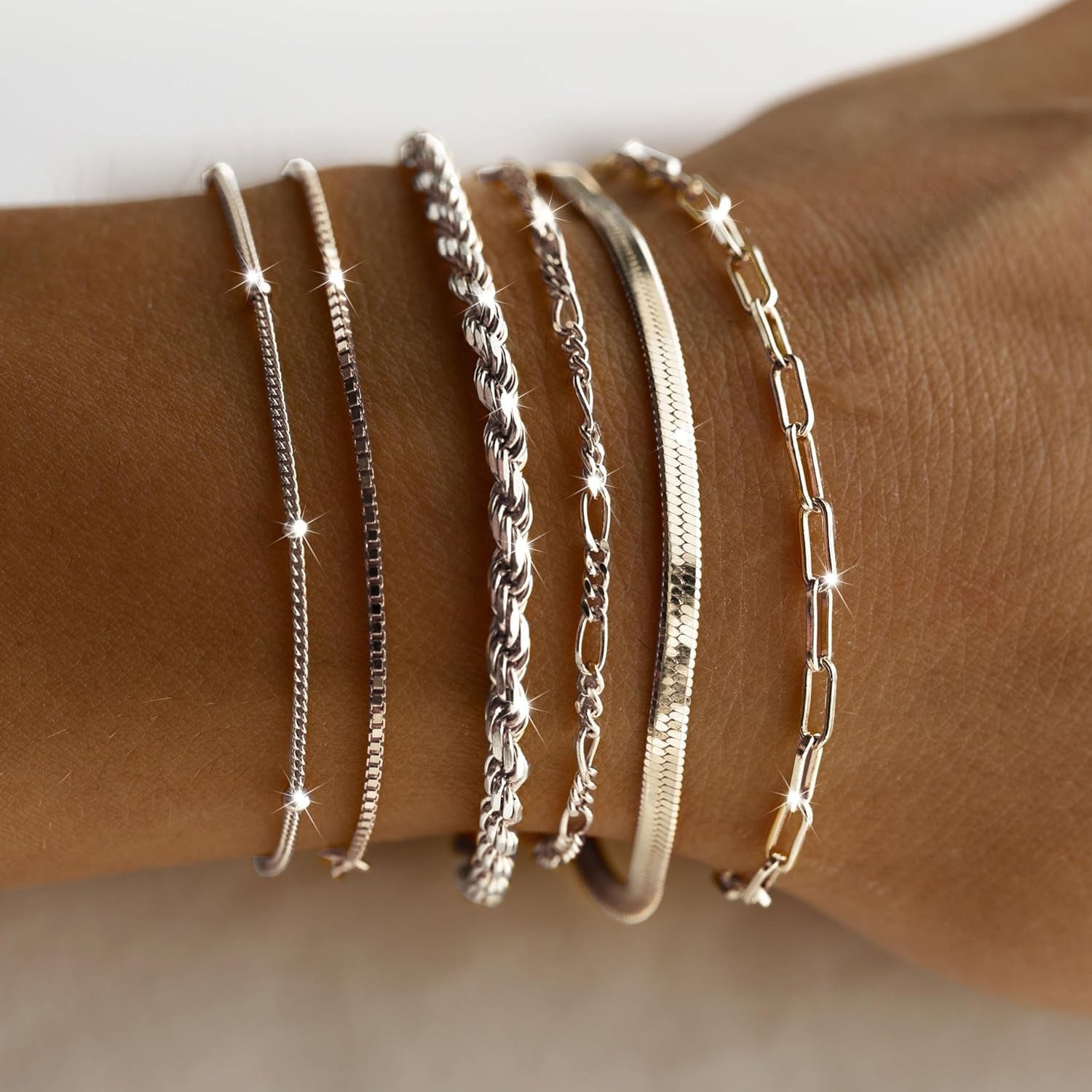 Dainty Bracelets for Women , 925 Sterling Jewelry Set for Women Bracelets for Women Paperclip Box Herringbone Figaro Rope Chain Bracelet Pack Gifts for Women Girls