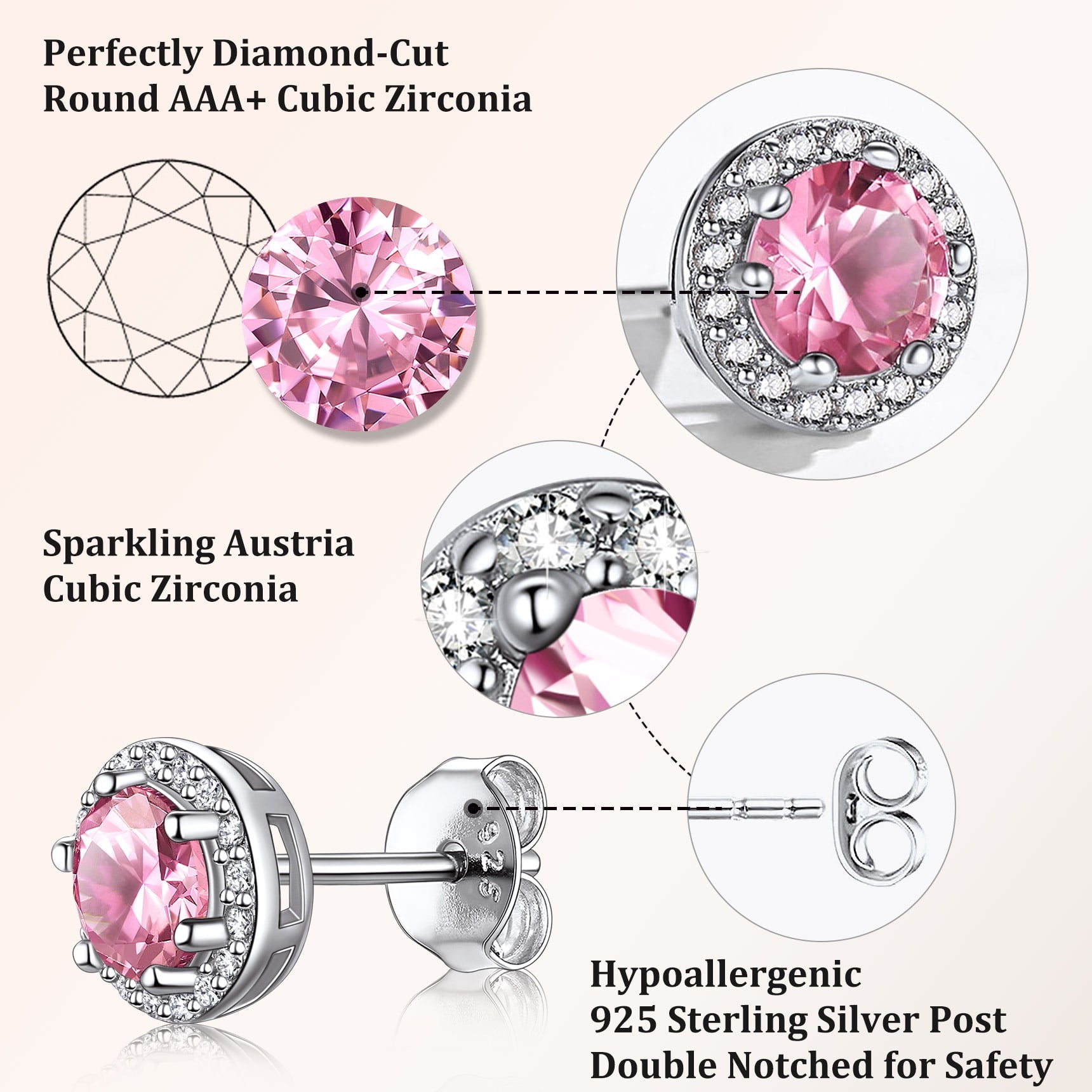 S925 Sterling Earrings Created Pink Tourmaline Stud Earrings October Round Jewelry Gifts for Valentines Day