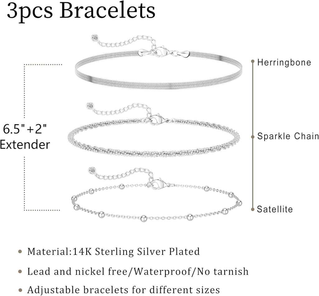 925 Sterling Dainty Bracelets for Women , Pack Gifts for Women