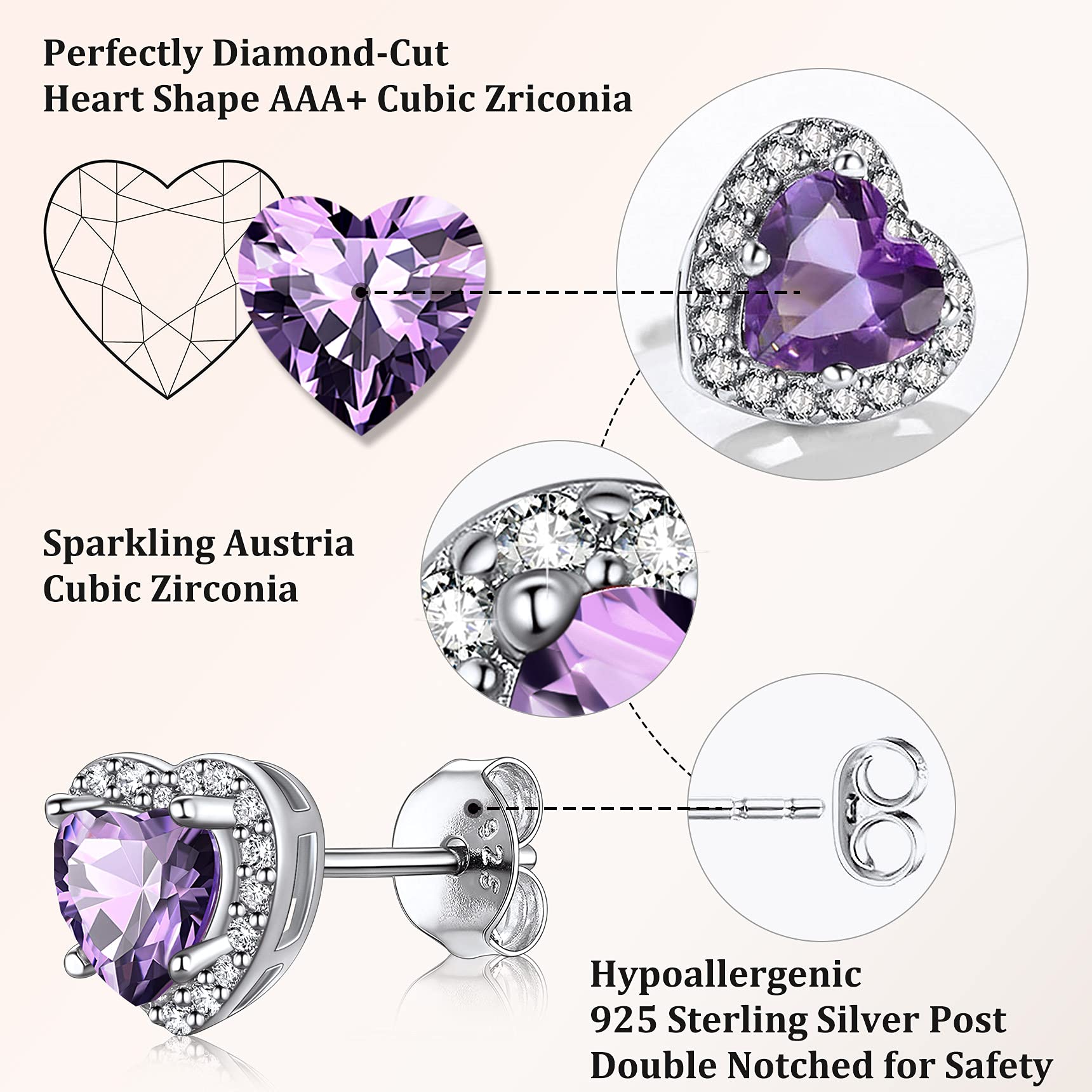 Stud Earrings for Women, 925 Sterling Heart Created Diamond Studs Earrings / Gifts - September