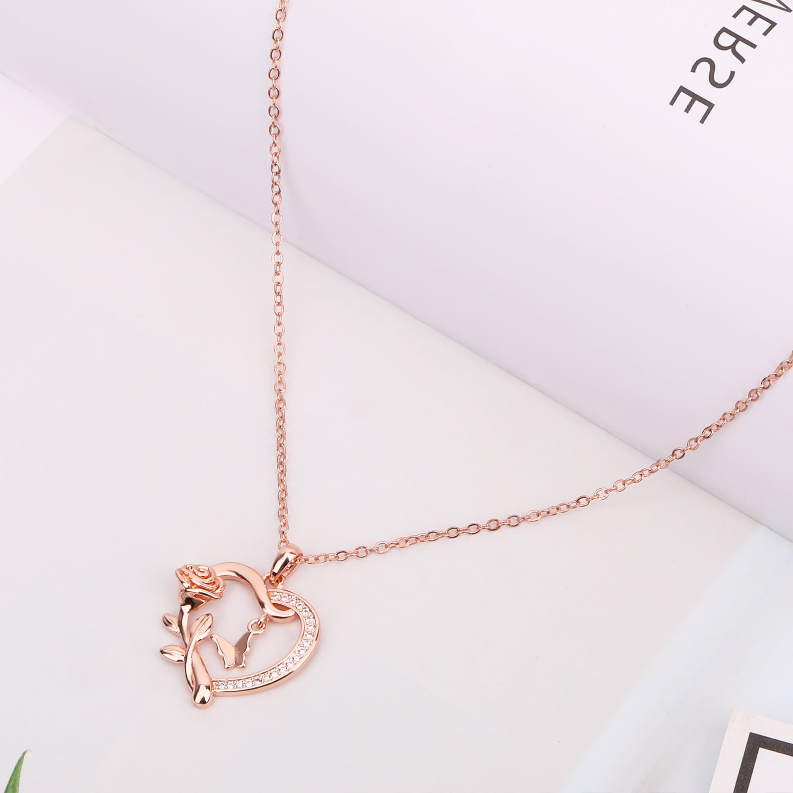 Heart Necklace for Women 14k Plated CZ Rose and Butterfly Jewelry for Women 's Day