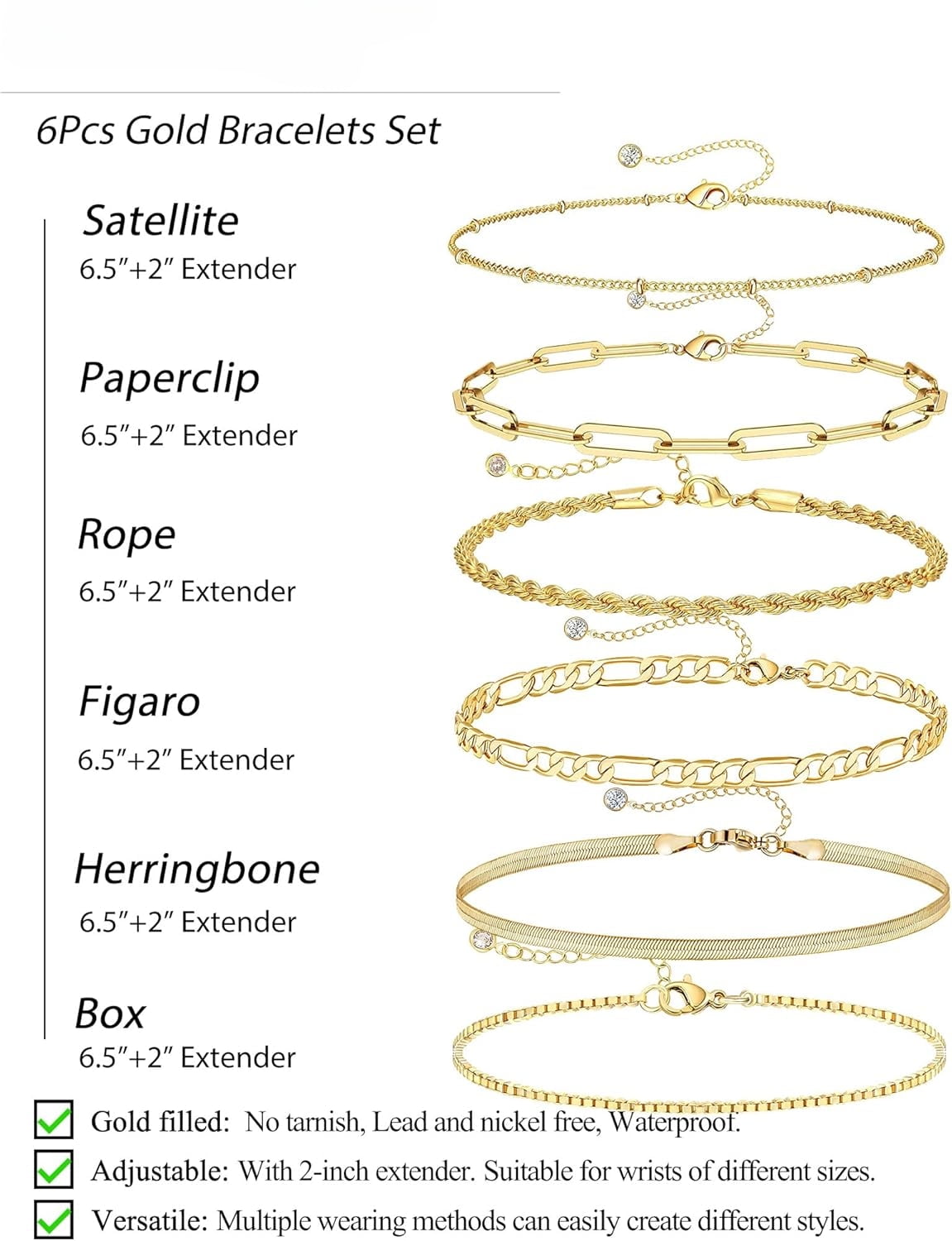 Bracelets for Women Waterproof, 14K Plated Stackable Dainty Chain Bracelet Set, Cuban Link &amp; Paperclip Styles, Jewelry Gifts for , , 's Day