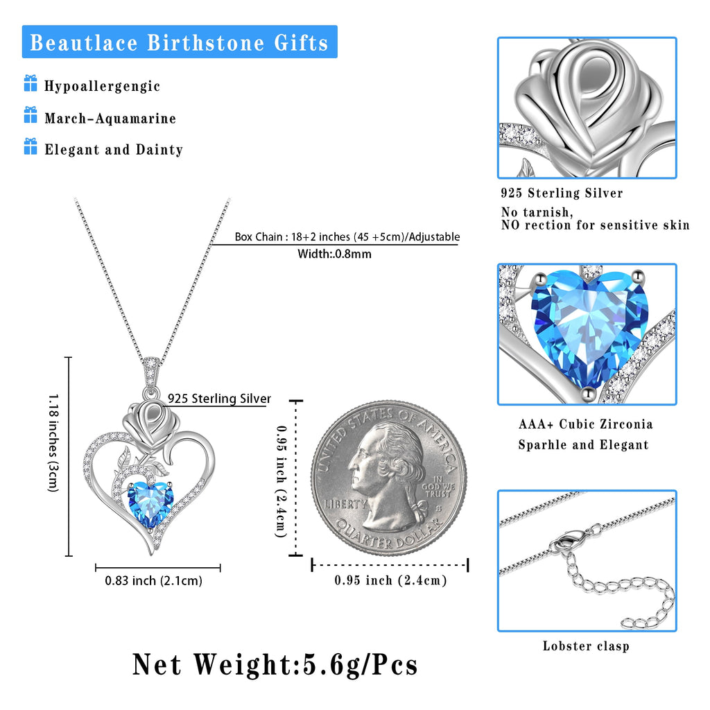925 Sterling Necklace Rose Flower Heart Pendant Jewelry Valentines Gifts for Women Mom Wife/Lover