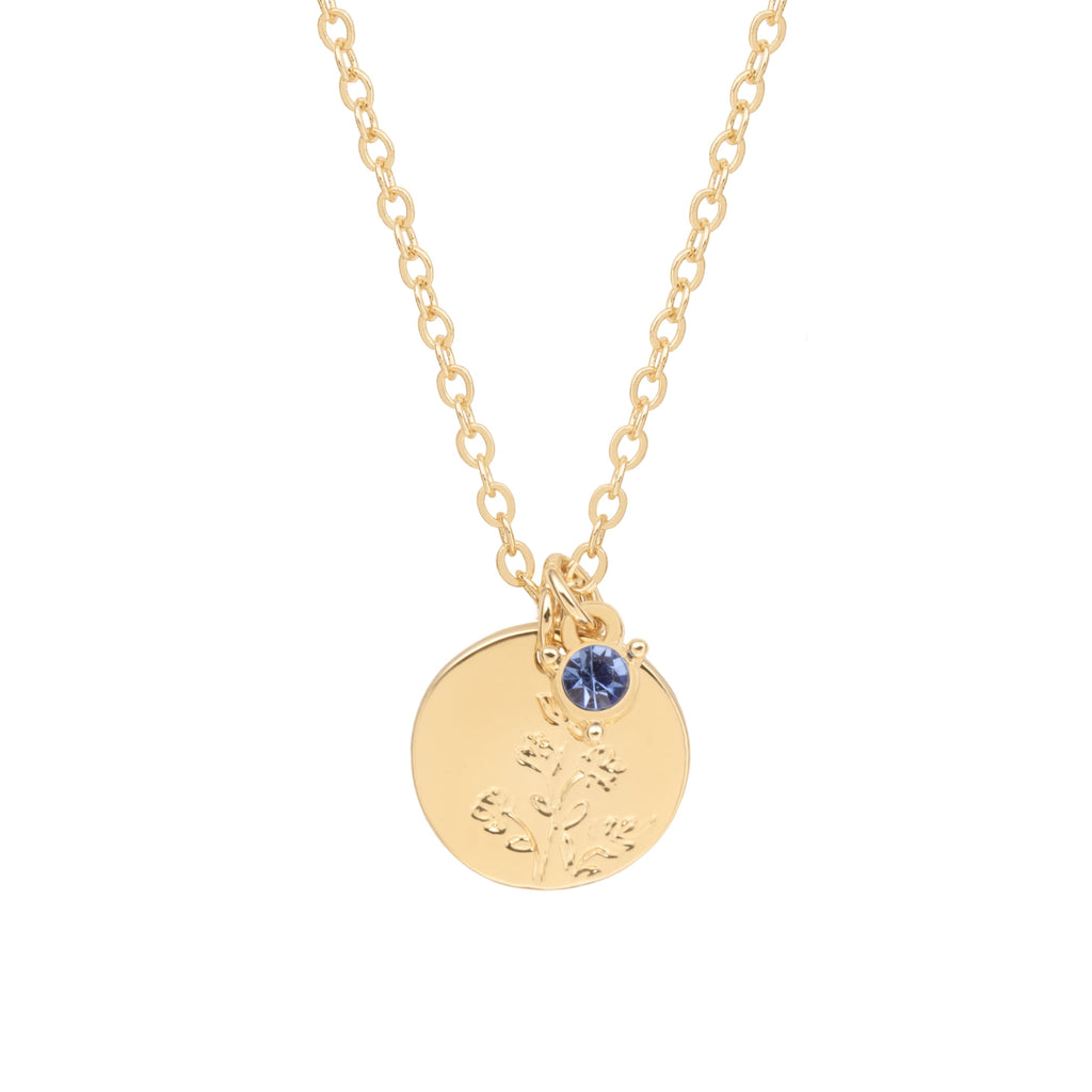 Women’s March Necklace, Tone Chain with Light Azure Stone &amp; Daffodil Flower