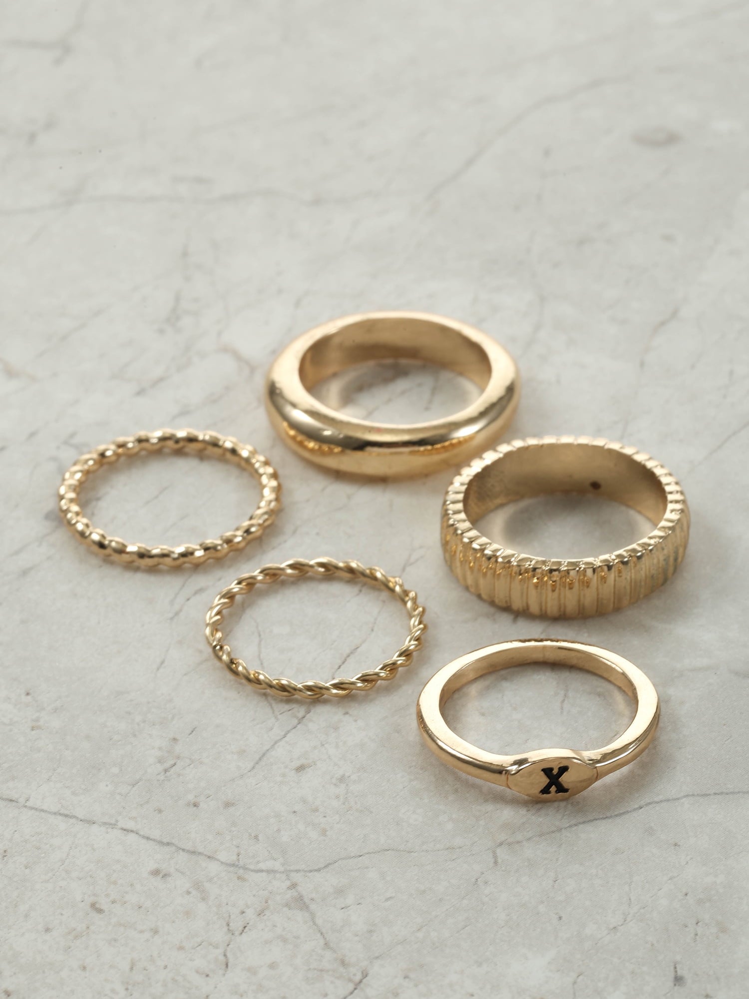 Goldtone Initial Ring Set, 5 Piece, Size 7, Initial J