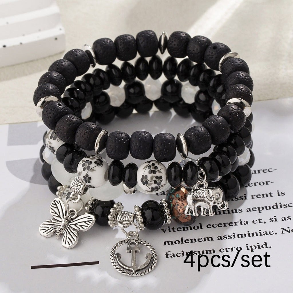 4 PCS Bohemian Stretch Anchor Bracelets Elephant Butterfly Retro Bracelets Suitable for Girls Women Gifts