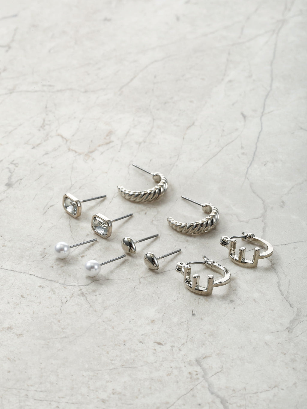 Silvertone Multi Earring Set, 5 Pairs, Initial B
