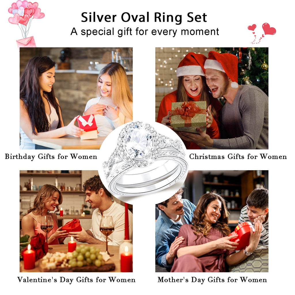 S925 Sterling Plated Oval Wedding Rings for Women CZ Eternity Band Engagement Rings Set Valentines Day Jewelry Gifts Her Mom Wife Girlfriend Adults Ideas