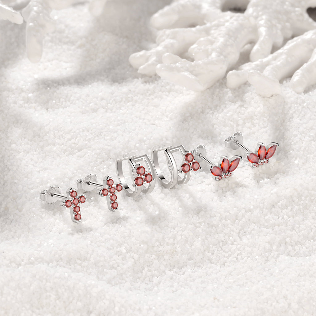 3 Pairs 925 Sterling Cross Earrings Set for Women, Flower Studs and Ear Cuffs Jewelry Set for Her