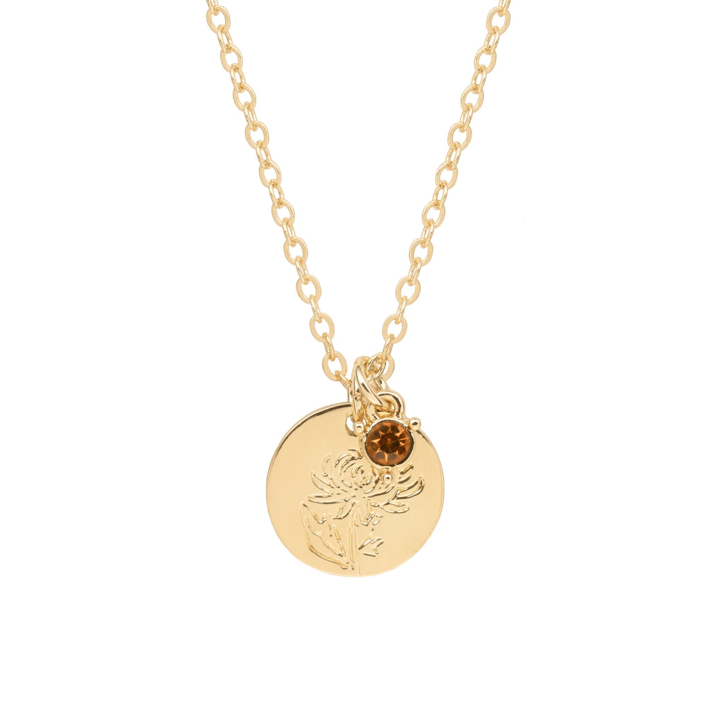 Women’s March Necklace, Tone Chain with Light Azure Stone &amp; Daffodil Flower