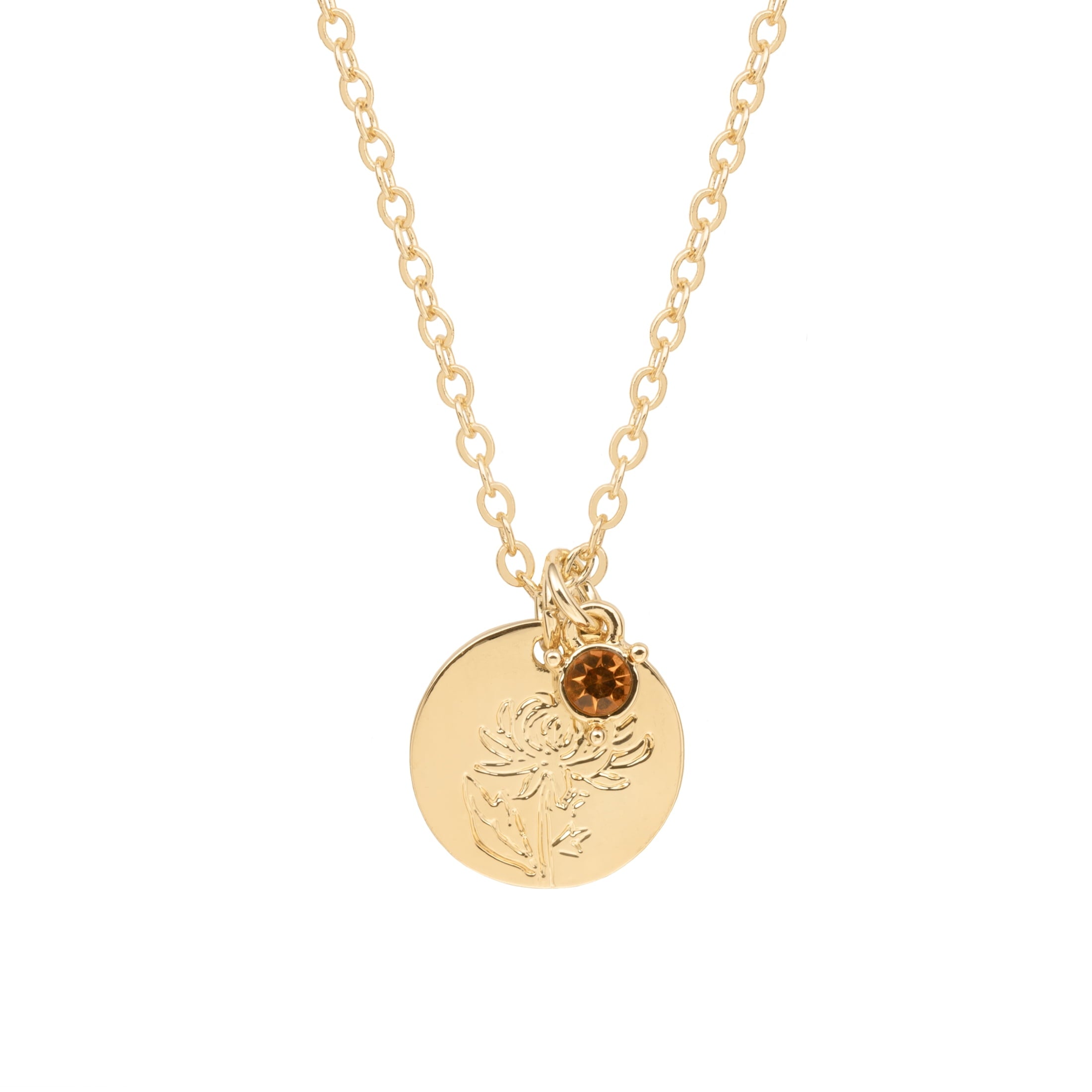 Women’s March Necklace, Tone Chain with Light Azure Stone &amp; Daffodil Flower