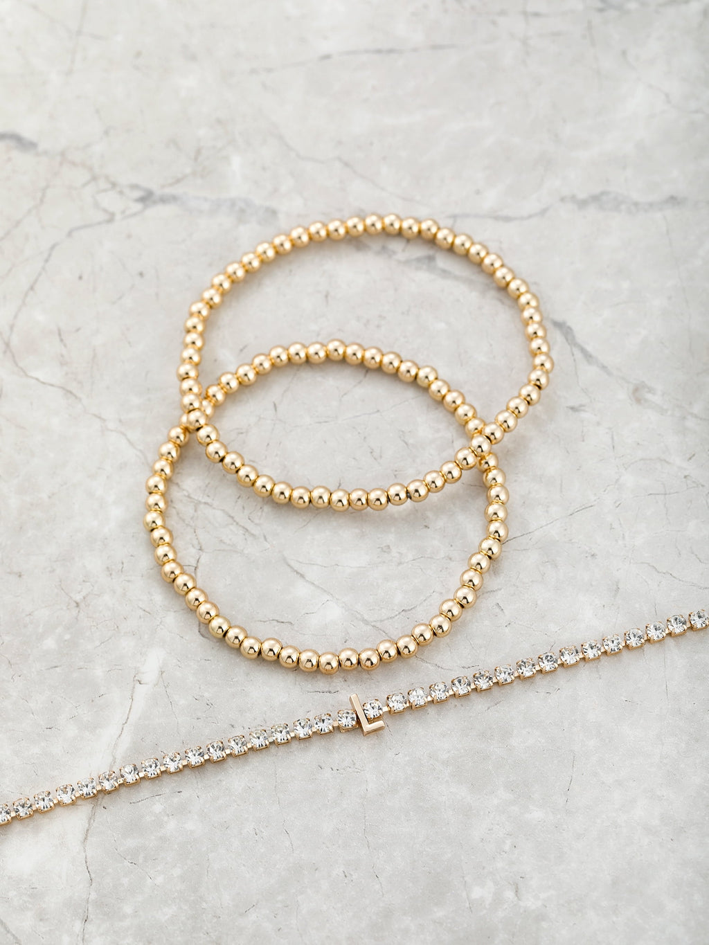 Goldtone and Crystal Beaded Stretch Bracelets, 3 Pieces, Initial Letter C