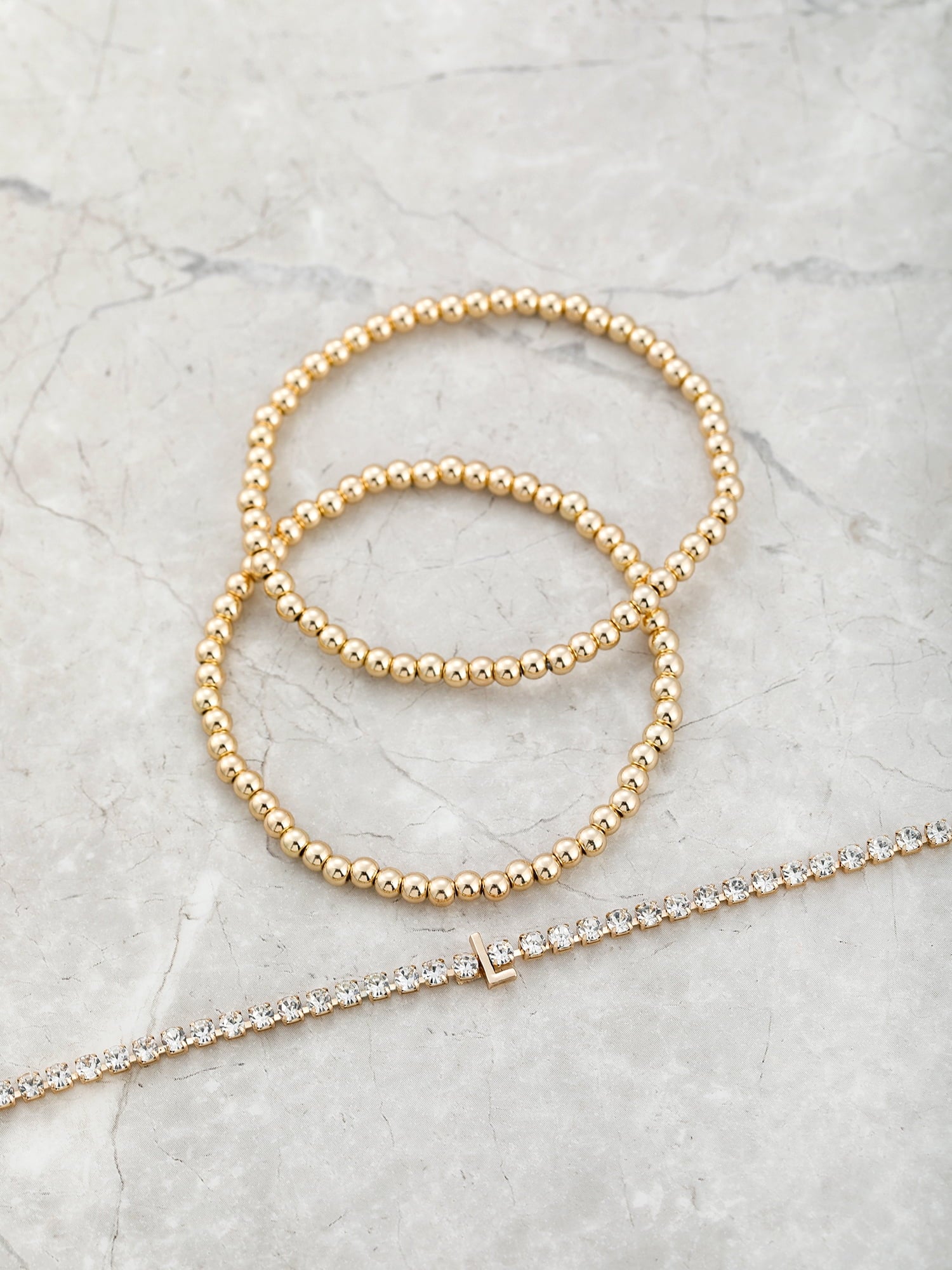 Goldtone and Crystal Beaded Stretch Bracelets, 3 Pieces, Initial Letter C