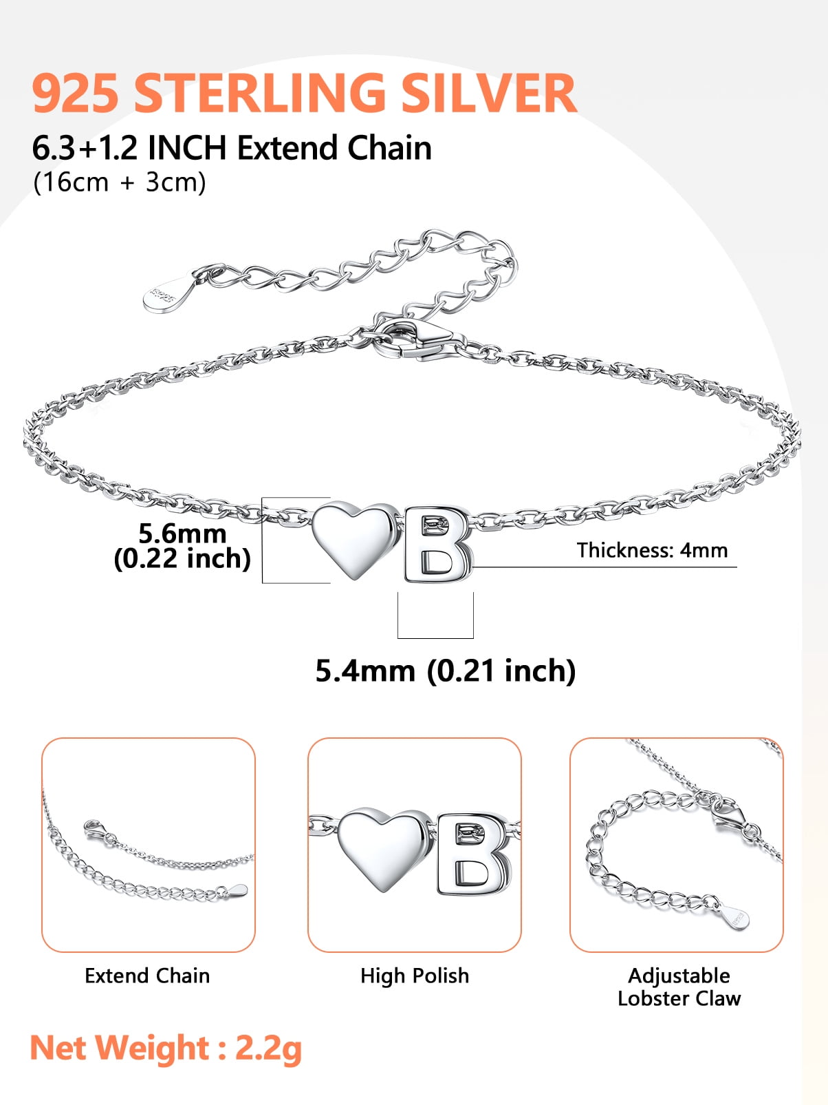 Women's Sterling Bracelets Heart &amp; Alphabet Letter A Initial Bracelet Charm Jewelry Gifts for Her