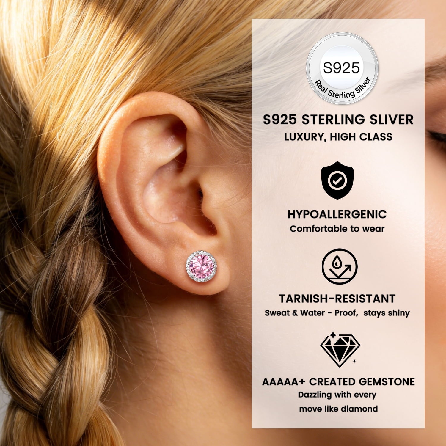 S925 Sterling Earrings Created Pink Tourmaline Stud Earrings October Round Jewelry Gifts for Valentines Day