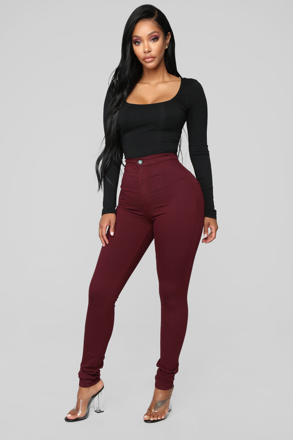 Super High Waist Denim Skinnies - Burgundy