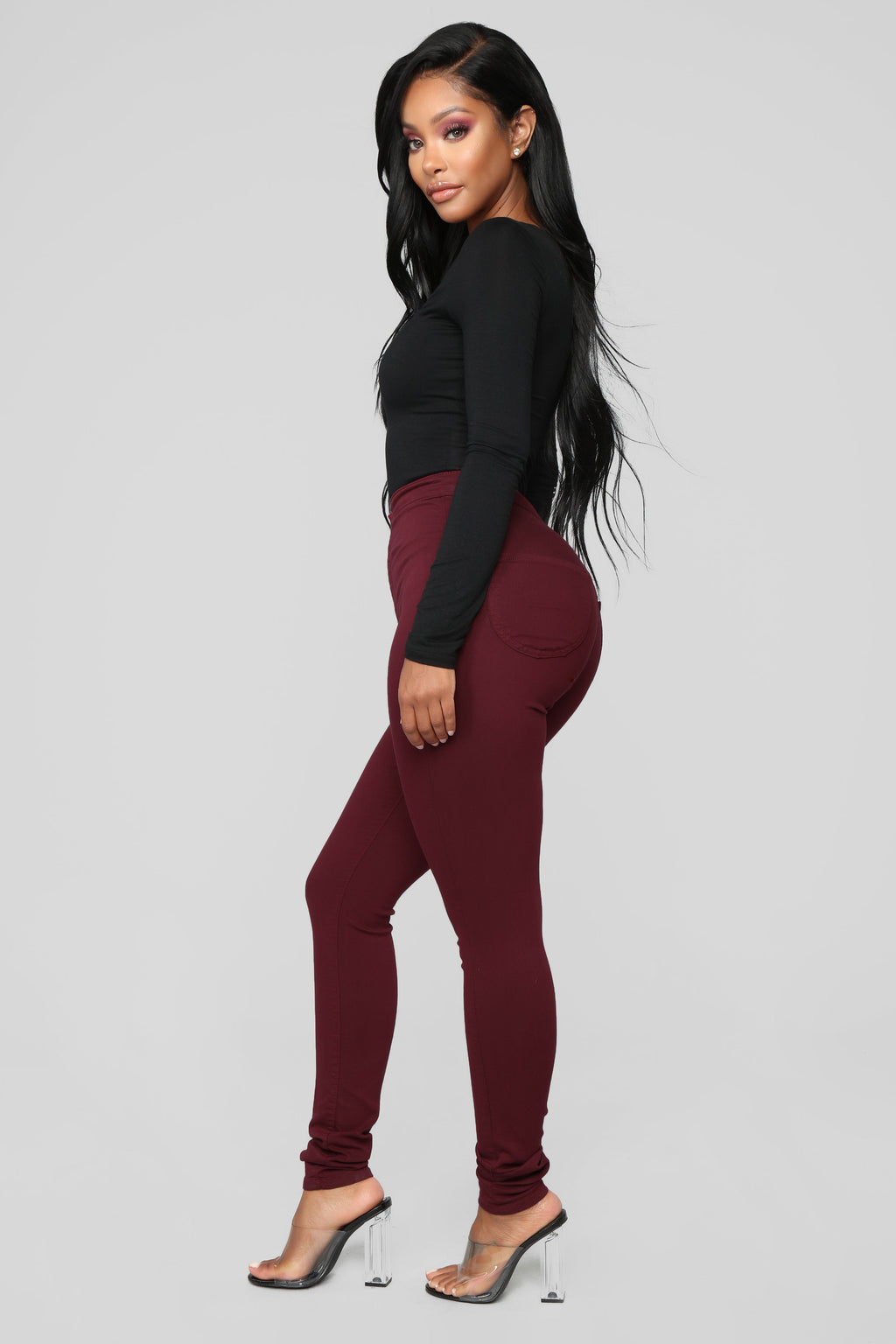 Super High Waist Denim Skinnies - Burgundy