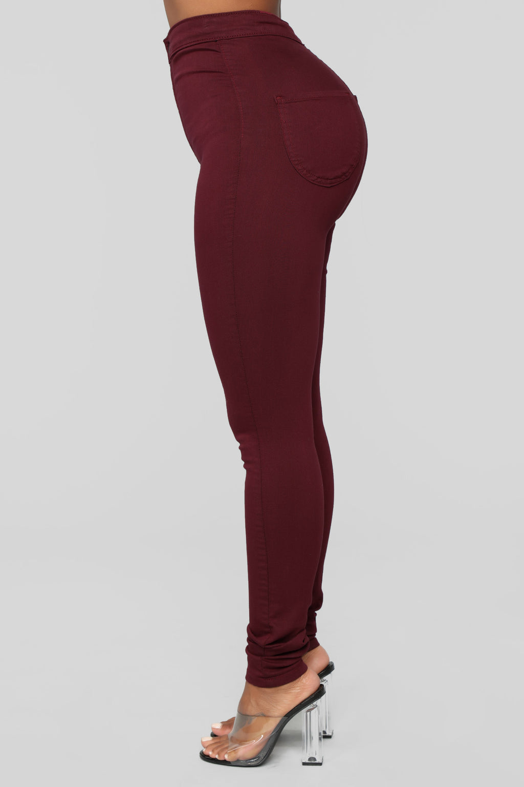 Super High Waist Denim Skinnies - Burgundy