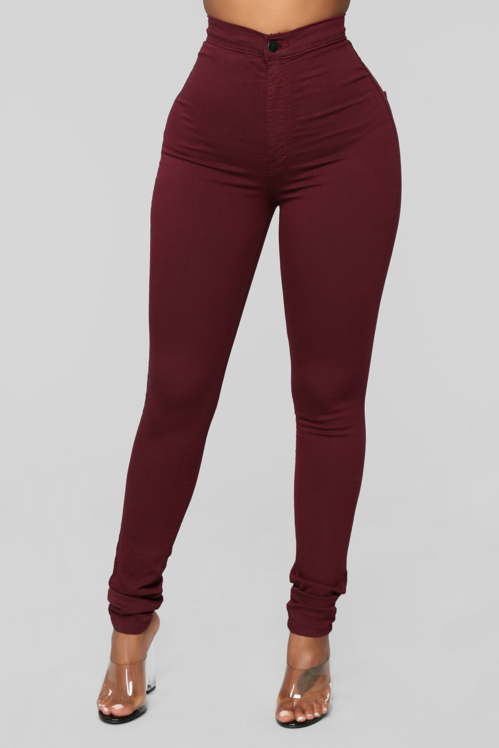 Super High Waist Denim Skinnies - Burgundy