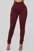 Super High Waist Denim Skinnies - Burgundy