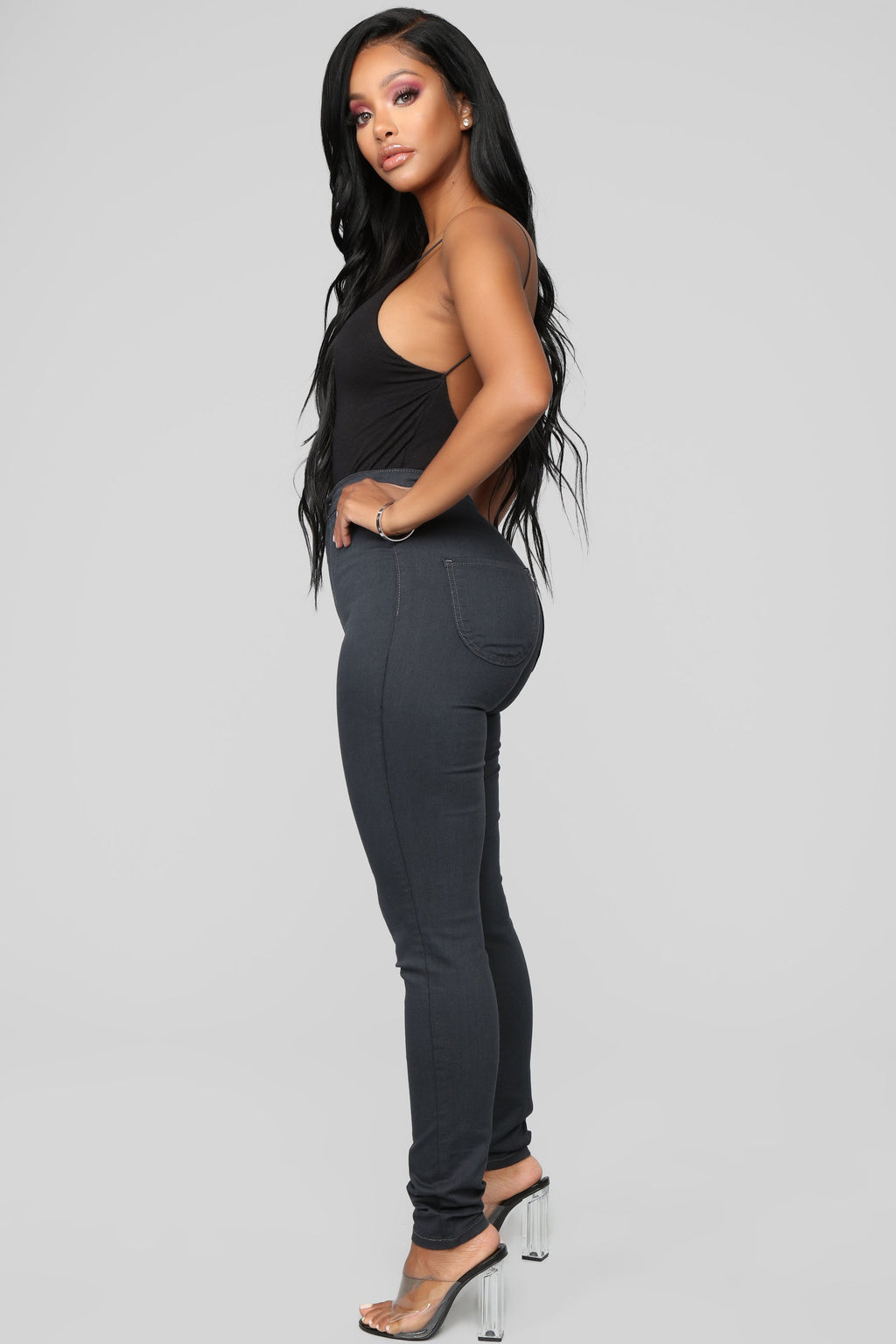 Super High Waist Denim Skinnies - Charcoal