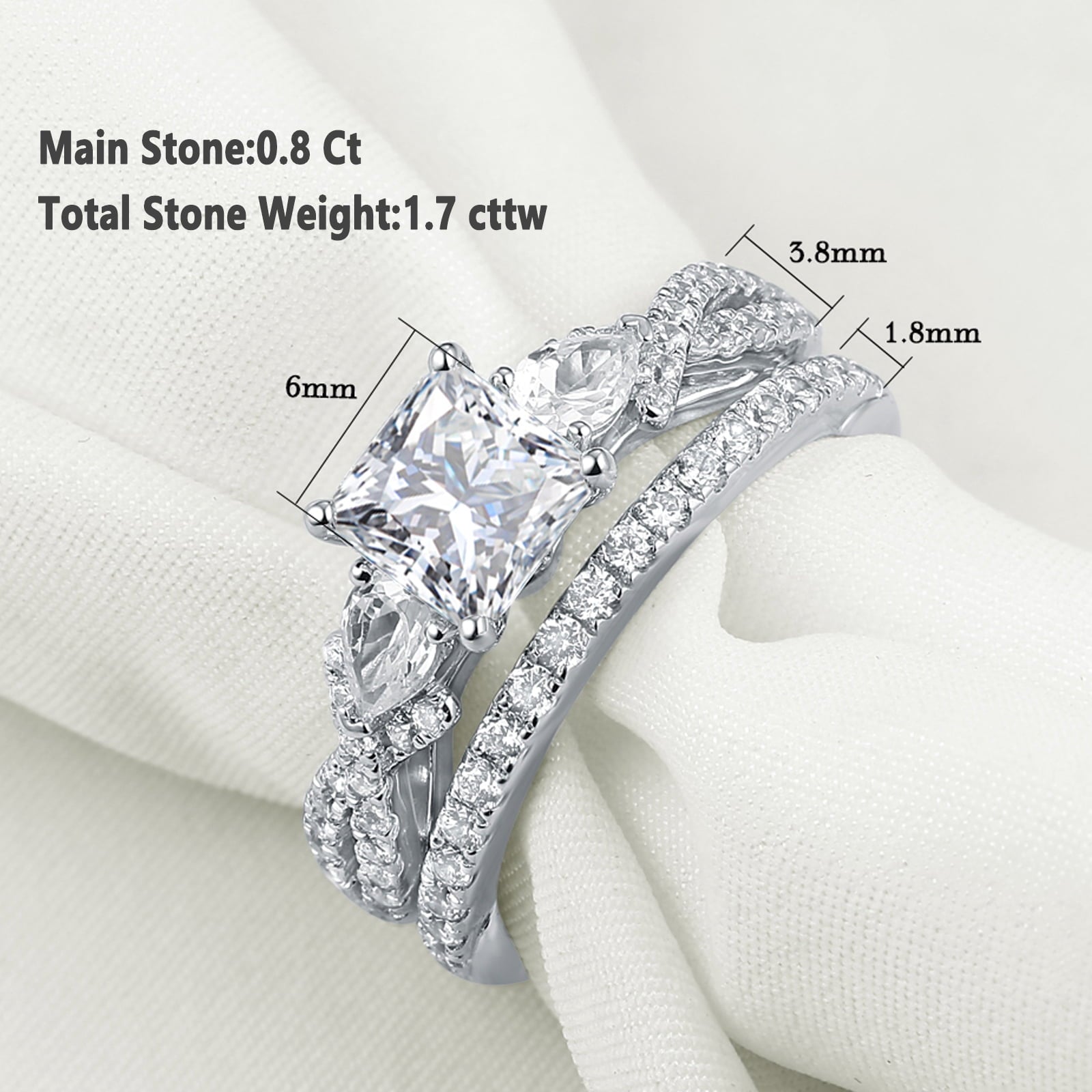 1.7ct Princess Pear White AAAAA Cz 925 Sterling Engagement Wedding Ring Set Size 6