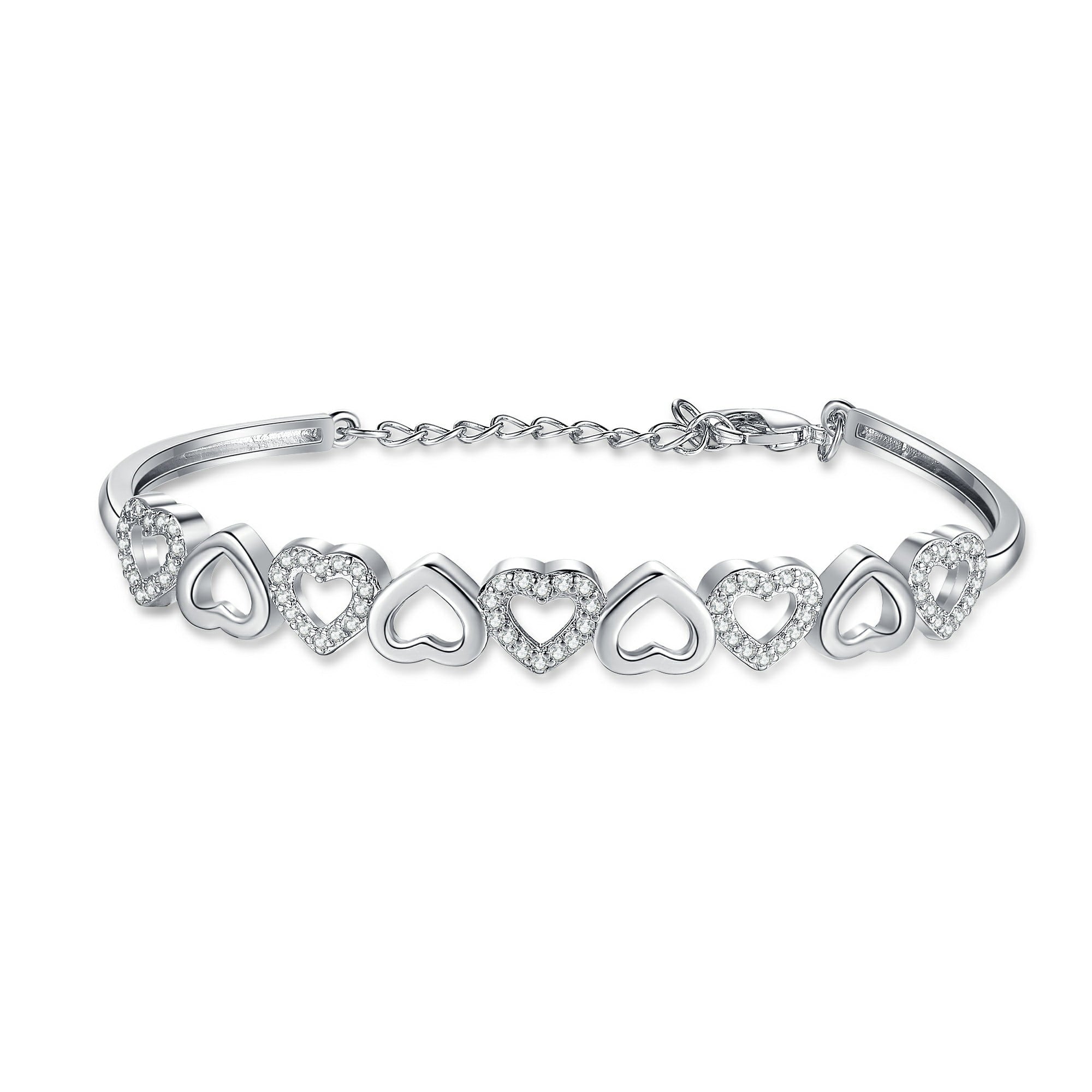14K White Hearts Bangle Adjustable Bracelet with crystals from in 14K White Plated