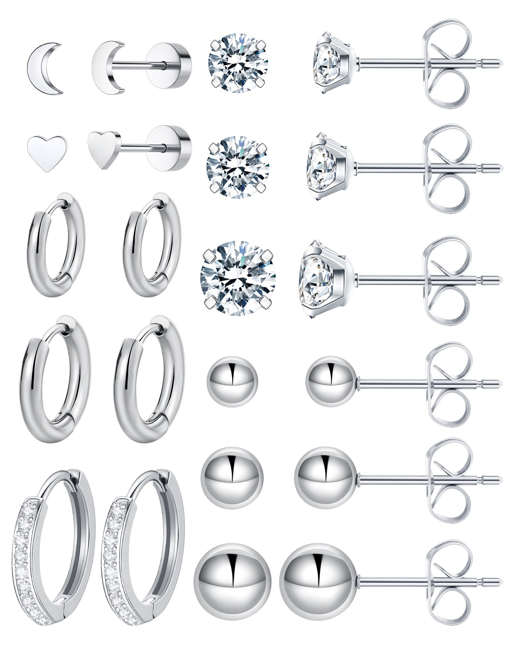 6 Pairs Stud Earrings Hypoallergenic Surgical Steel Cubic Zirconia Earrings