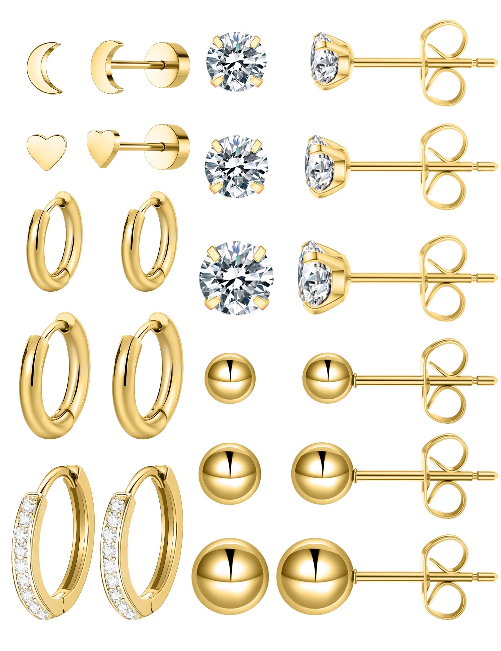 6 Pairs Stud Earrings Hypoallergenic Surgical Steel Cubic Zirconia Earrings