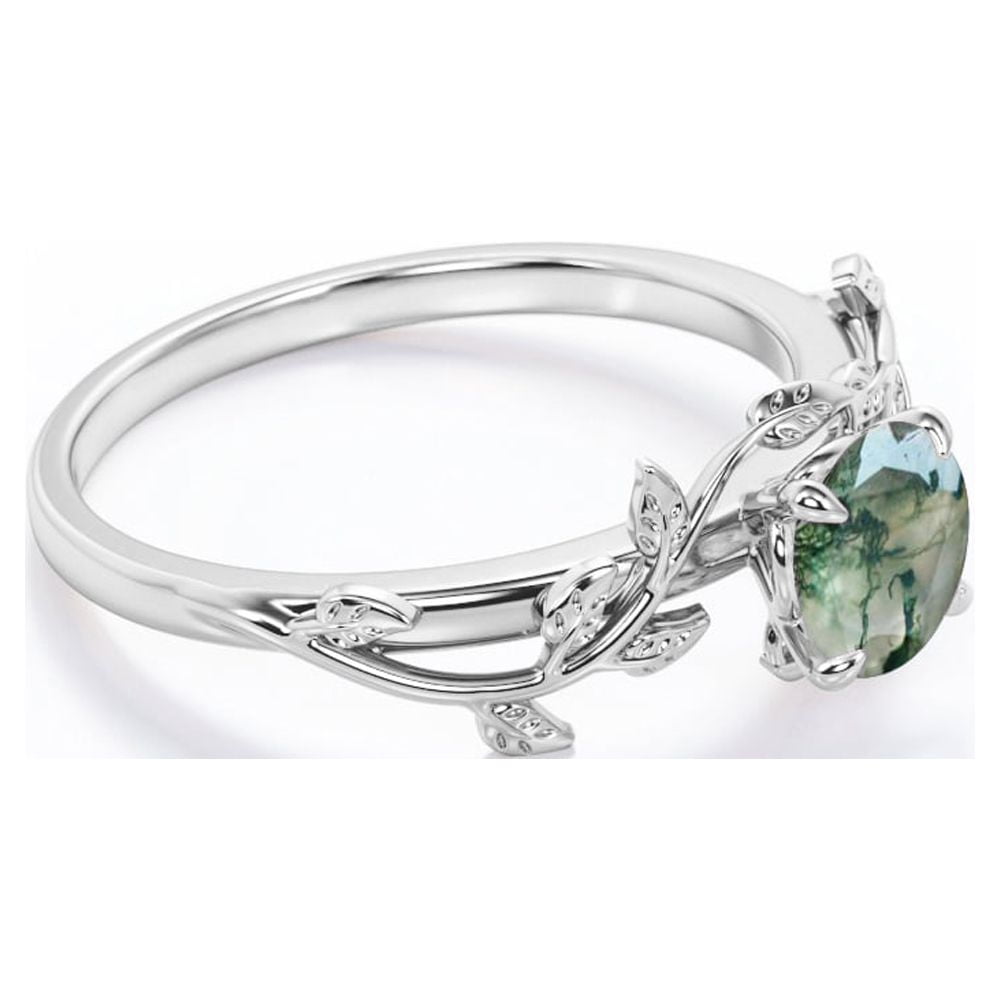 Nature Inspired 0.50 Green Moss Agate Solitaire Engagement Ring - Forest Ring - 18K White Plating for Women