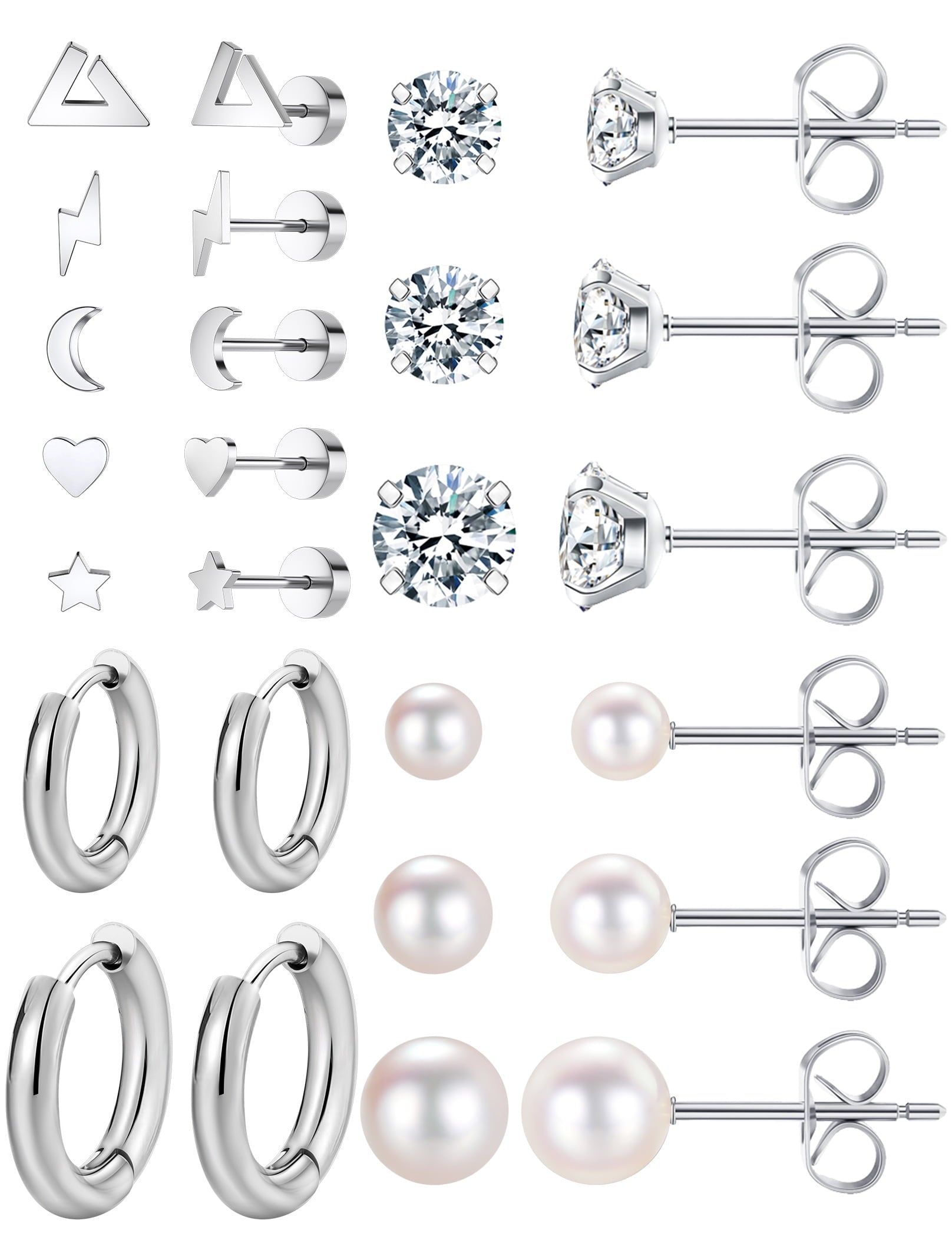 6 Pairs Stud Earrings Hypoallergenic Surgical Steel Cubic Zirconia Earrings