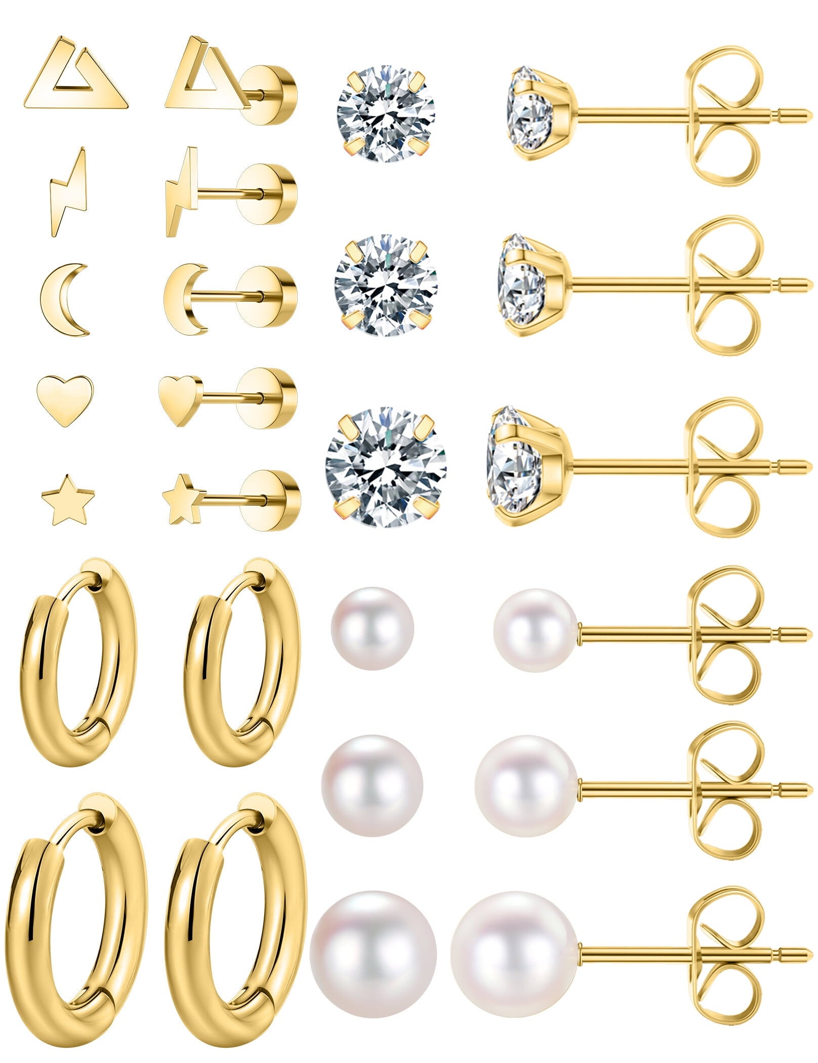 6 Pairs Stud Earrings Hypoallergenic Surgical Steel Cubic Zirconia Earrings