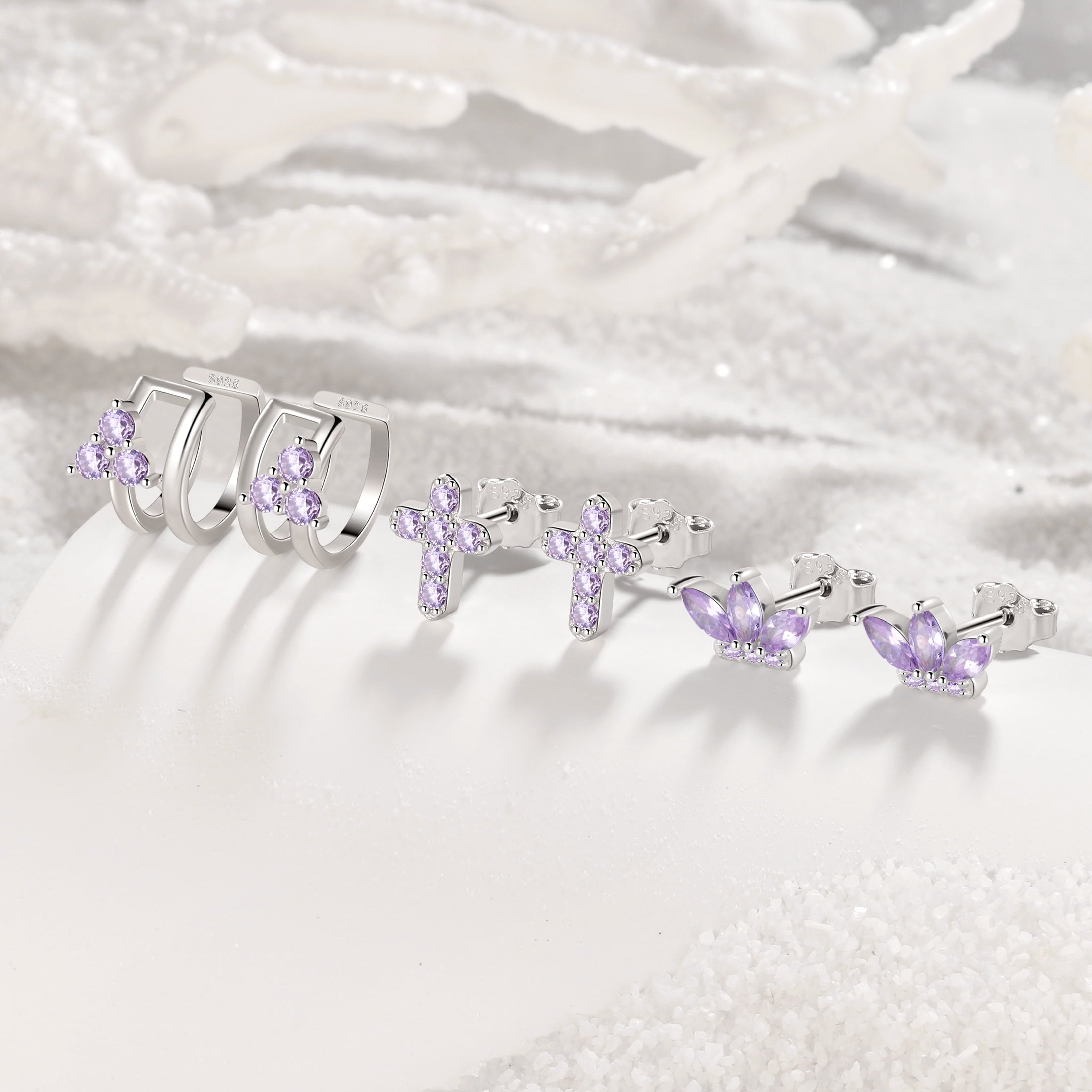 3 Pairs 925 Sterling Cross Earrings Set for Women, Flower Studs and Ear Cuffs Jewelry Set for Her
