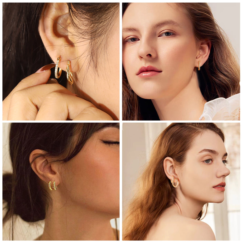 Plated Earrings for Women, 6 Pairs 14k Hoop Earrings, Hypoallergenic Chunky Jewelry Set Gifts