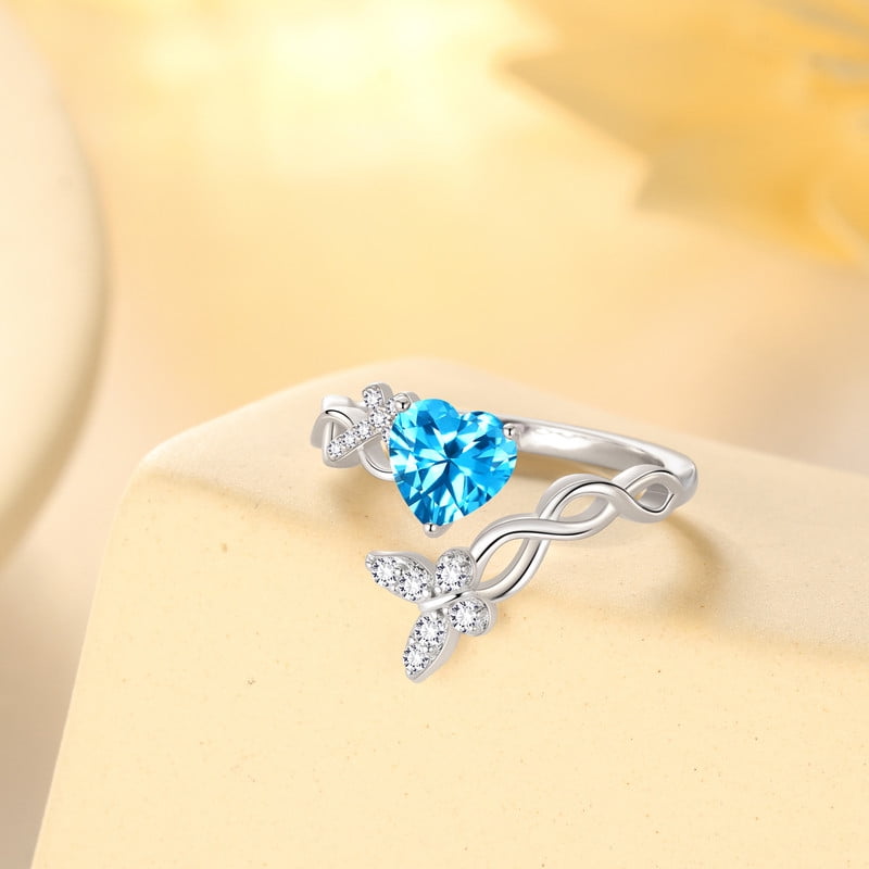 Heart Halo Ring,Butterfly 925 Sterling Adjustable Open Band Rings Valentines Jewelry Gifts for Women Mom-March
