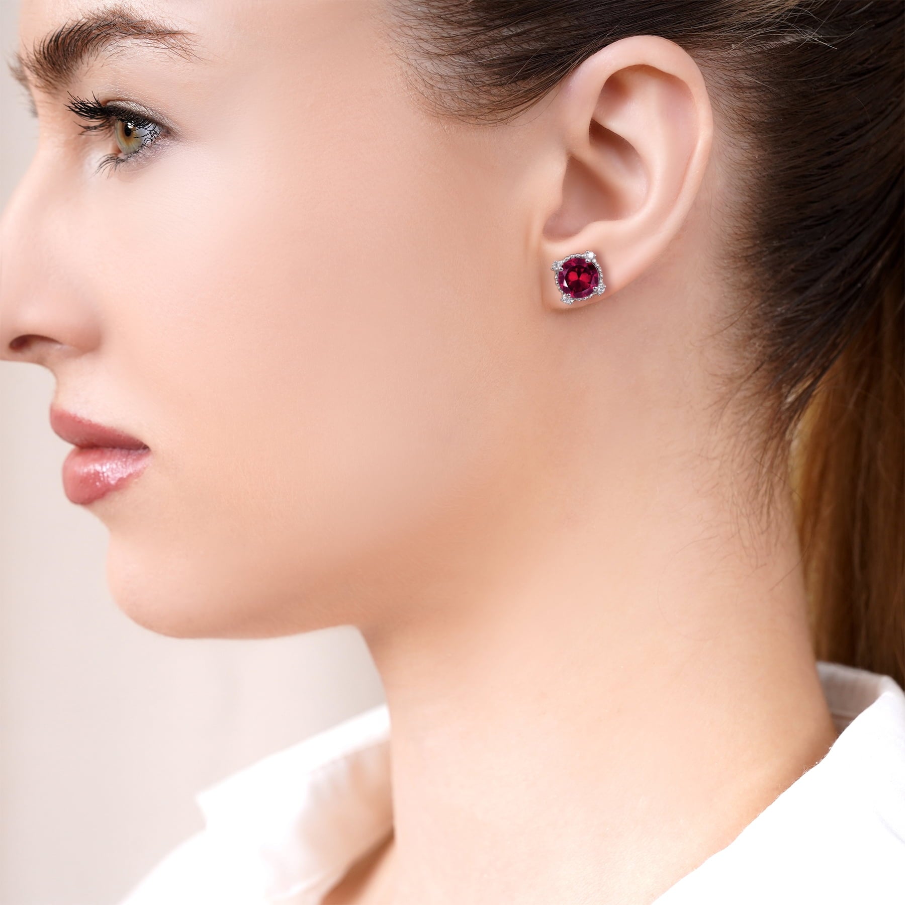 3.5 Round Cut April Stud Earrings - Halo Milgrain Earrings in 18K White Plating for Women