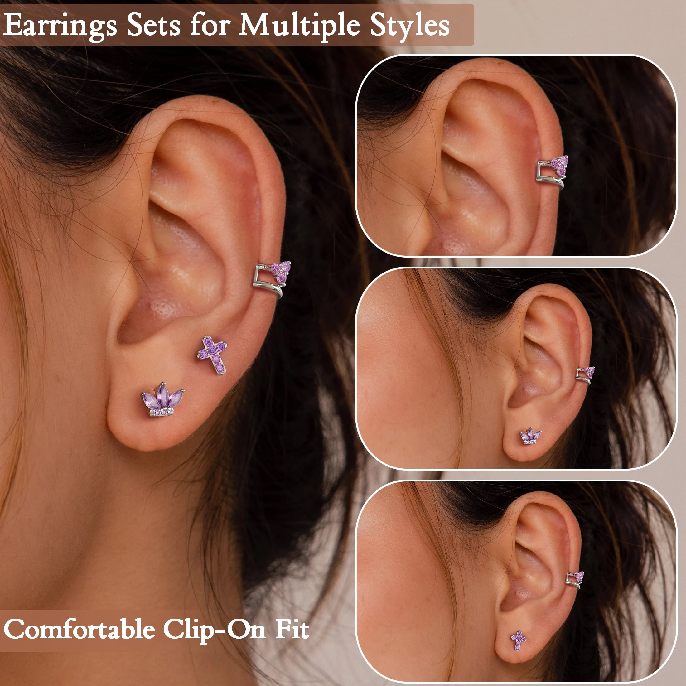 3 Pairs 925 Sterling Cross Earrings Set for Women, Flower Studs and Ear Cuffs Jewelry Set for Her