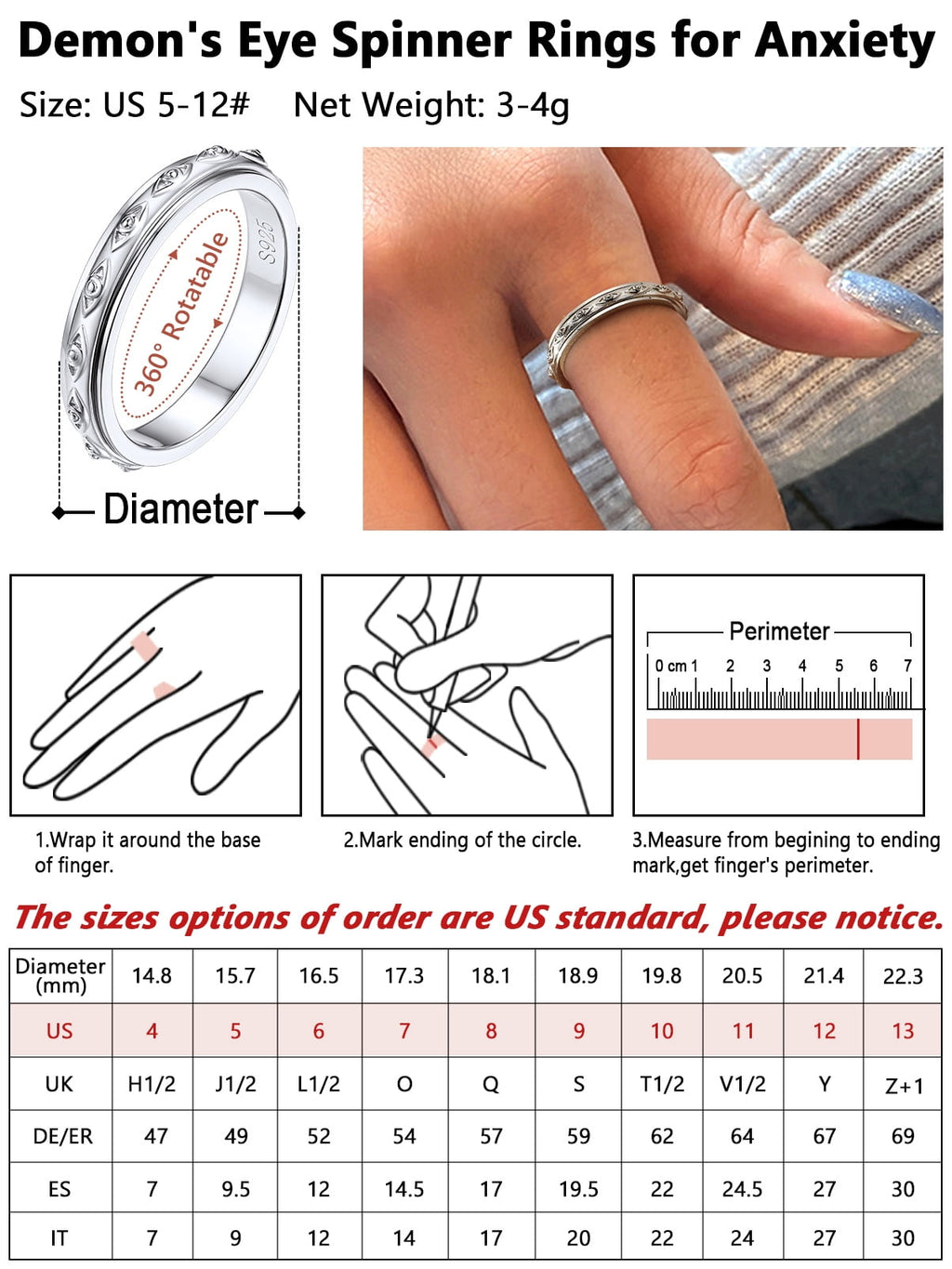S925 Sterling Fidget Rings Embossed Celtic Spinner Rings Anxiety Stress Relieving Band Gifts for Women, Size 7