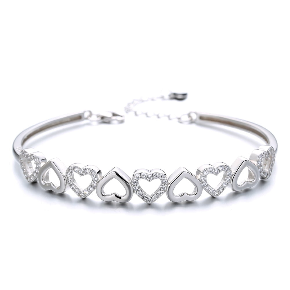 14K White Hearts Bangle Adjustable Bracelet with crystals from in 14K White Plated