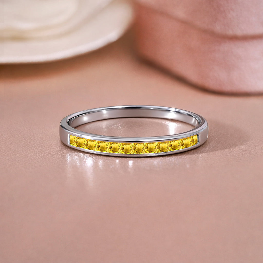 0.25 Princess Cut September Wedding Band - Pave Channel Band - 18K White Plating for Women