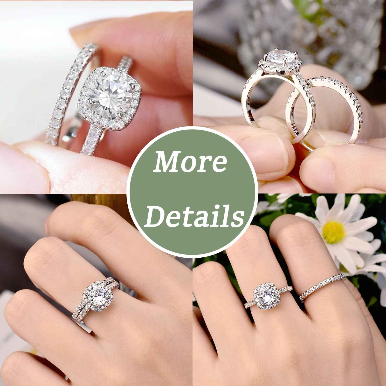2Ct Round Cut Wedding Rings for Women Halo Engagement Ring Sets 925 Sterling CZ Size 8