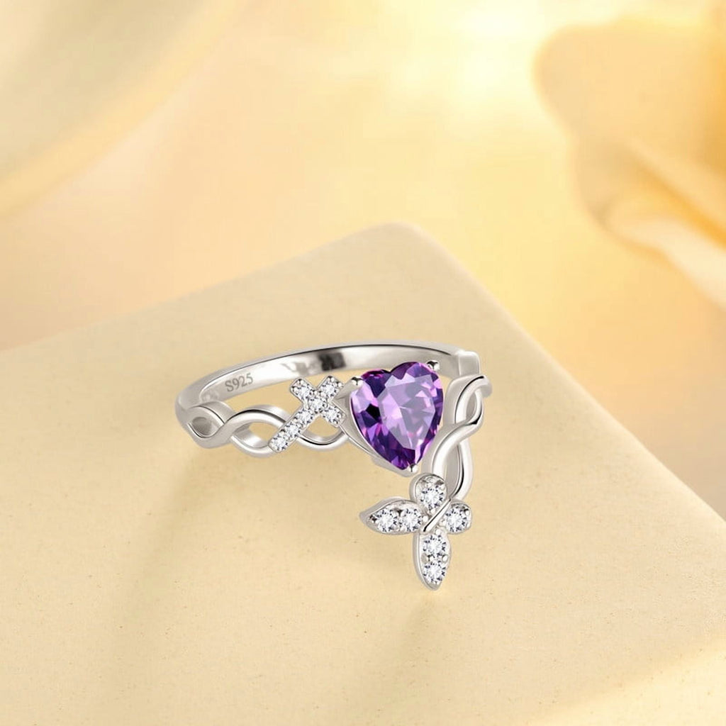 Heart Halo Ring,Butterfly 925 Sterling Adjustable Open Band Rings Valentines Jewelry Gifts for Women Mom-March