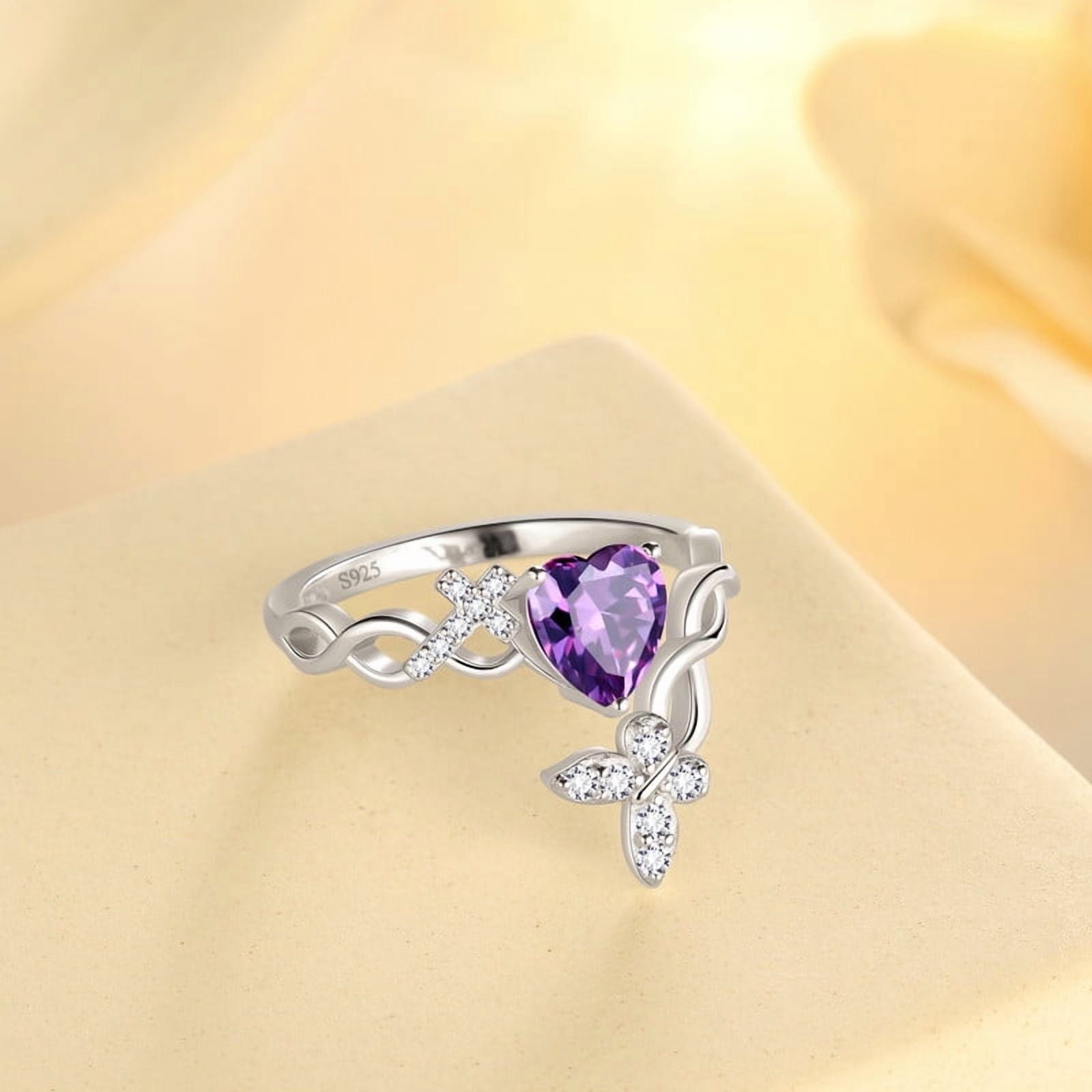 Heart Halo Ring,Butterfly 925 Sterling Adjustable Open Band Rings Valentines Jewelry Gifts for Women Mom-March